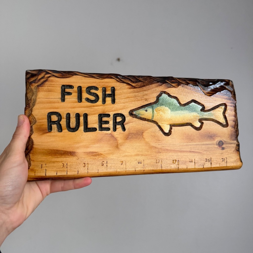 Vintage Style Wooden Fish Ruler Wall Sign Rustic Cabin Decor Hand Carved Plaque